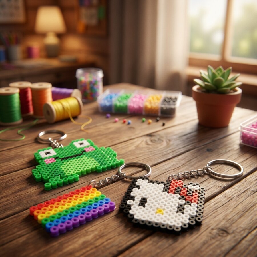 Chaveiros de Hama Beads sobre uma mesa de madeira